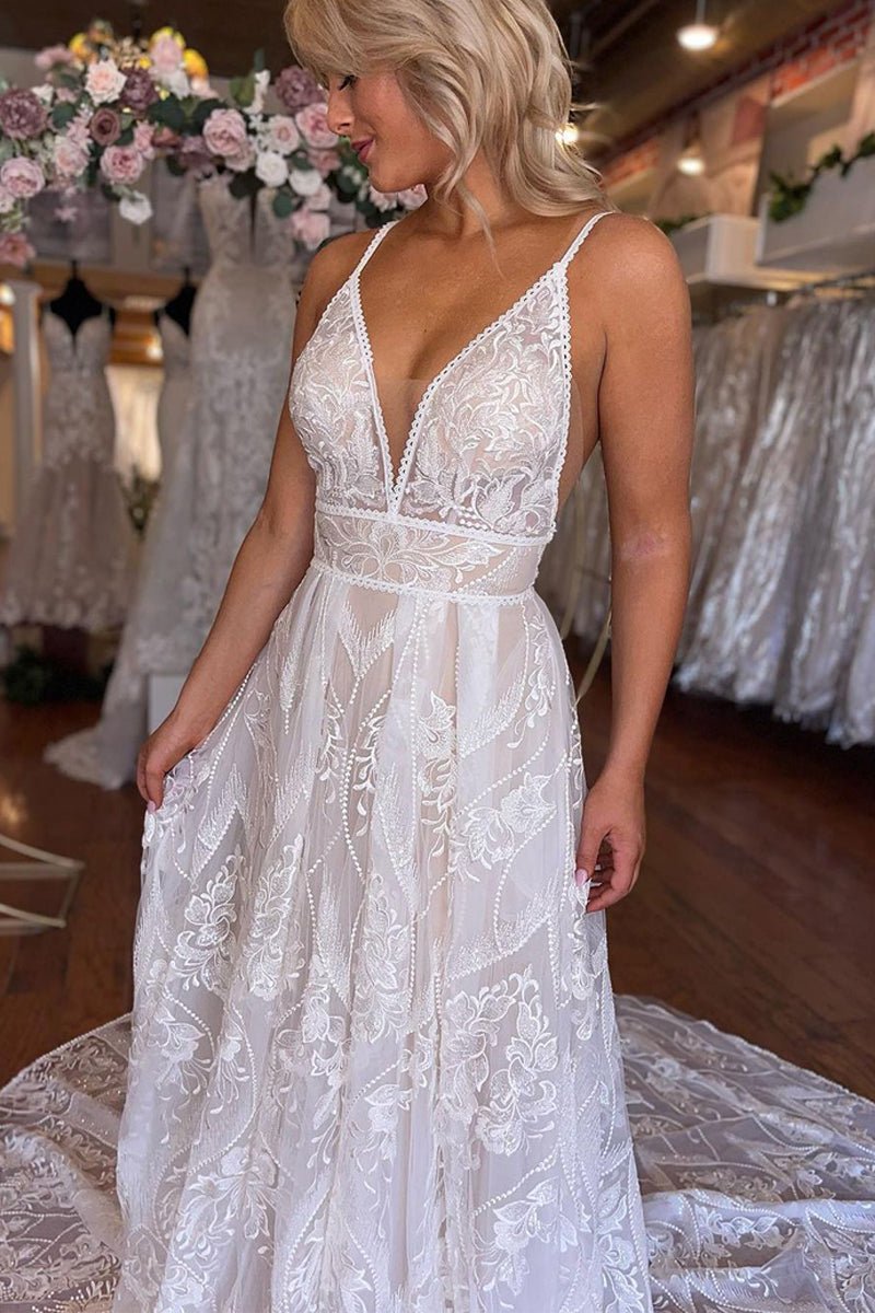 Donna | Boho A-Line V Neck Lace V Neck Wedding Dresses