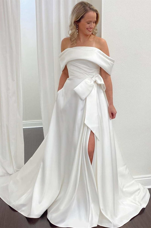 Kinley | White Satin Off-the-Shoulder Bow A-Line Wedding Dress with Slit