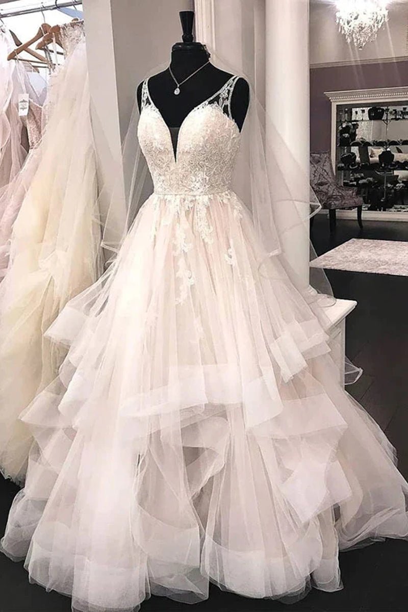 Ball Gown V Neck Tulle Lace Wedding Dresses