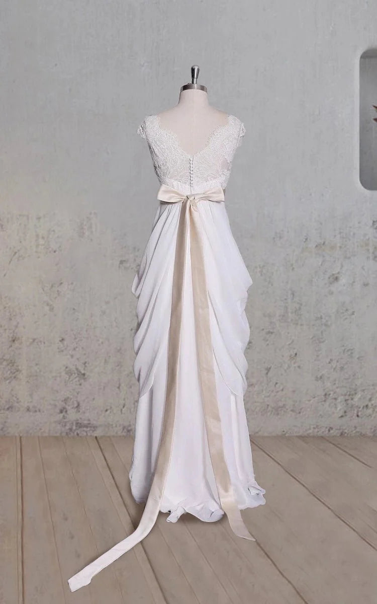 Special Design Lace Cap Sleeve Chiffon Skirt With Champagne Sash