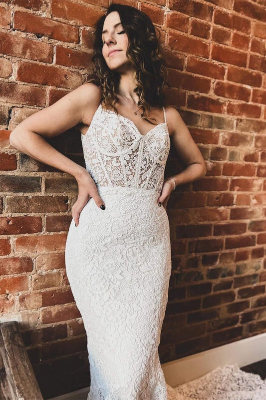 Goldie | White Lace Sweetheart Sleeveless Mermaid Long Wedding Dress