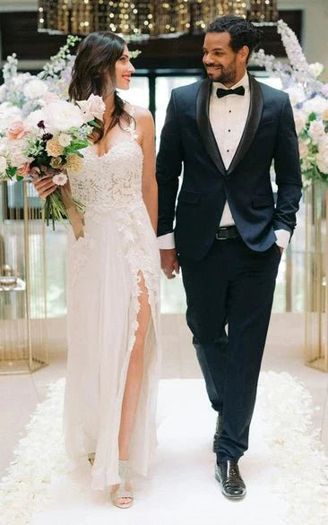 Spaghetti A-Line Lace Bohemian Wedding Dress With Open Back And Split Front