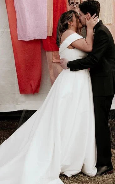 Romantic Off-the-shoulder A-Line Satin Wedding Dress With Button Back