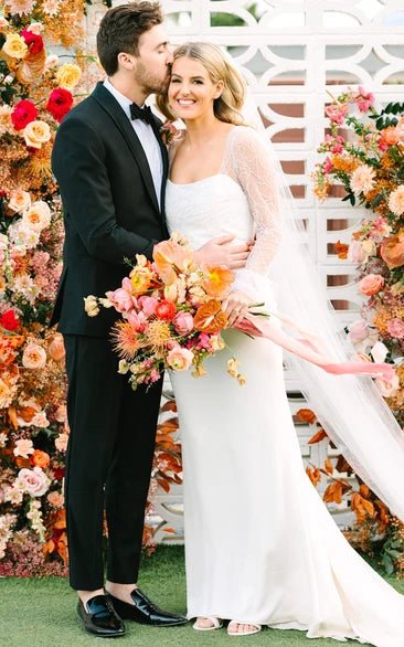 Mermaid Satin Simple Wedding Dress With Square Neckline And Long Sleeve