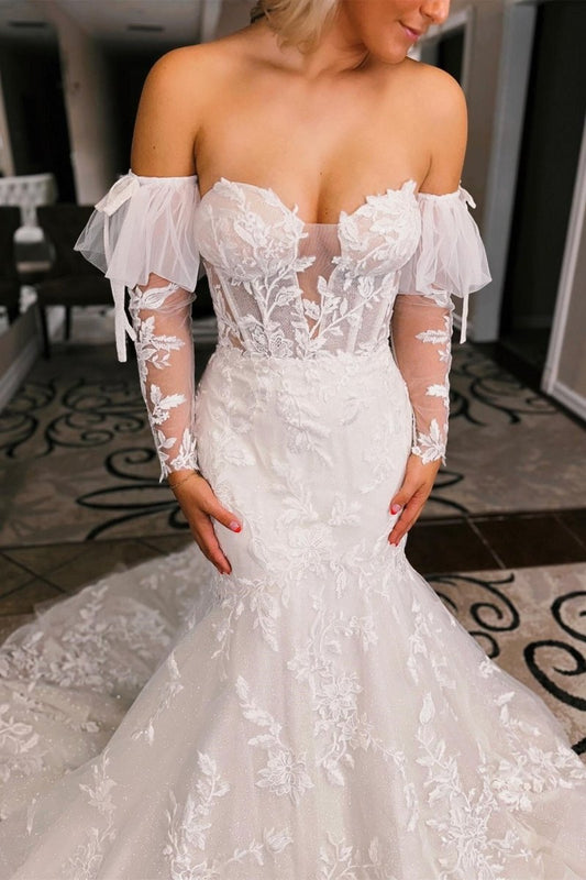 Baylor | White Floral Lace Sweetheart Mermaid Wedding Dress with Detachable Sleeves