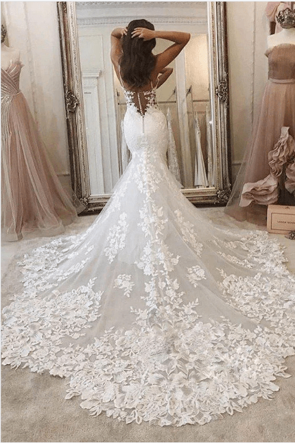 Mermaid Lace White Wedding Dresses Spaghetti Straps