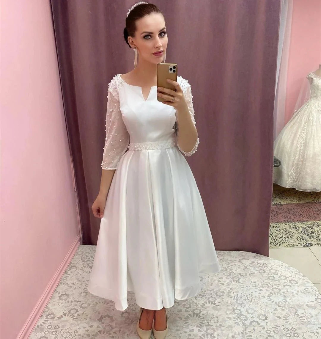 Vintage 3/4 Sleeves A-Line Satin Short Wedding Dresses with Sash