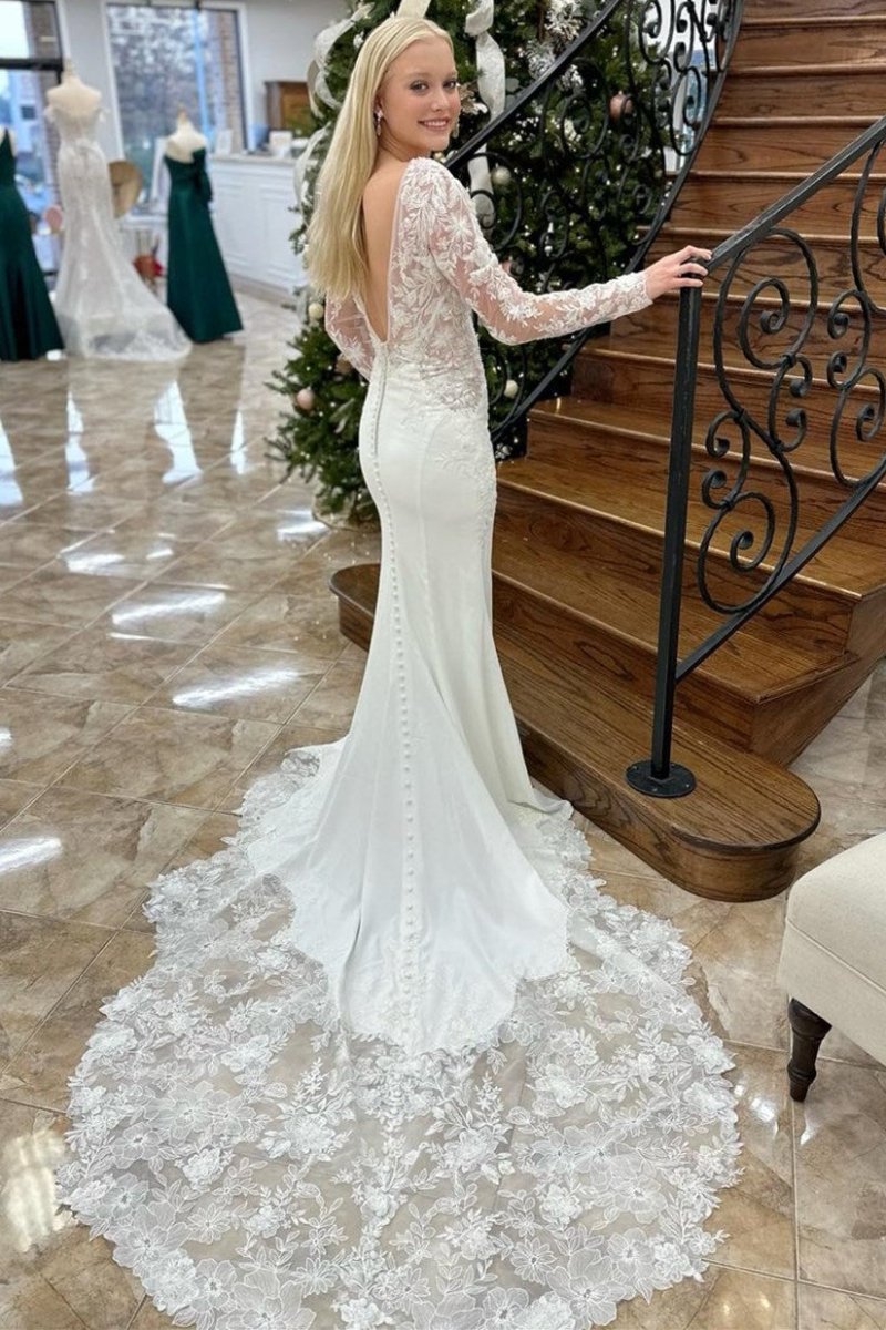 Maeve | White Appliques Plunge V Mermaid Bridal Gown with Long Sleeves