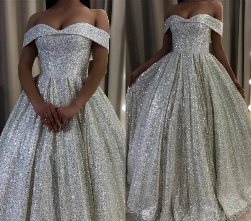 Shiny Silver Sequin A-Line Wedding Dresses Off the Shoulder