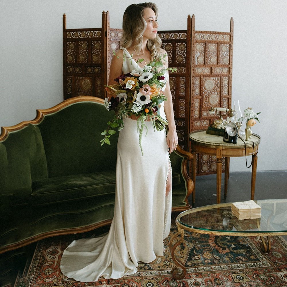 Cowl Neck Ivory Sheath Satin Wedding Dresses with Button Slit