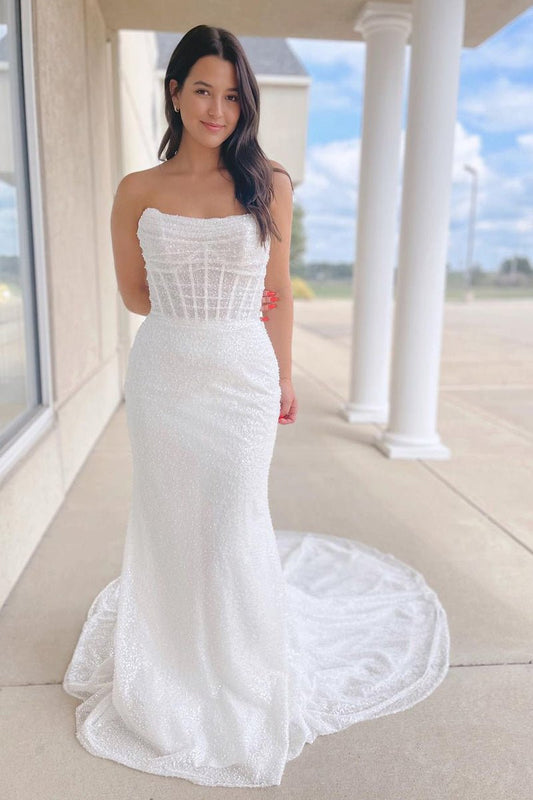 Cressida | Sparkly White Sequins Mermaid Strapless Wedding Dresses