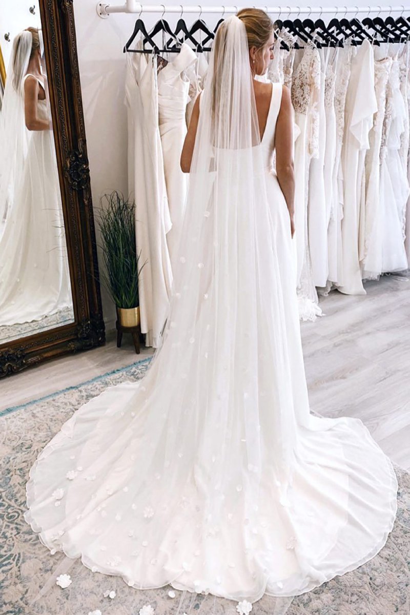 Bridget | Simple White Square Neck Boho Long Chiffon Wedding Dress