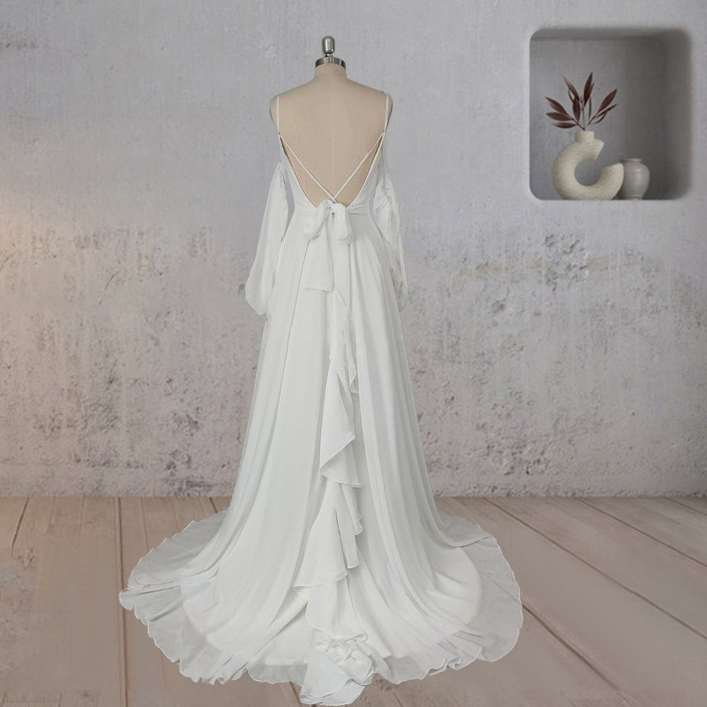 A-Line Chiffon Detachable Puffy Sleeves Wedding Dress
