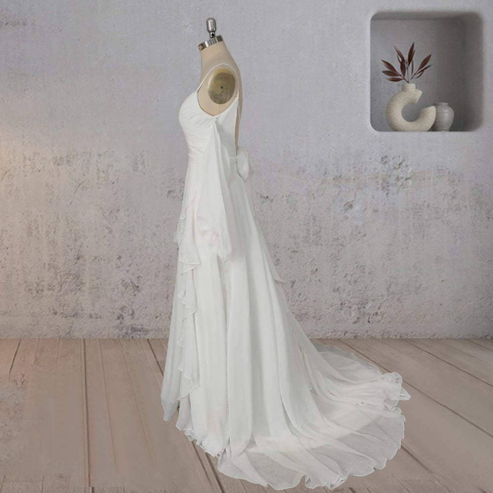 A-Line Chiffon Detachable Puffy Sleeves Wedding Dress