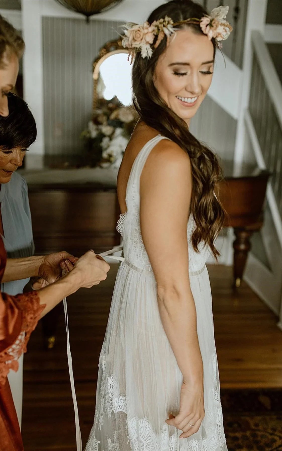 A-Line Lace Bohemian V-neck Wedding Dress With Low-V Back And Appliques