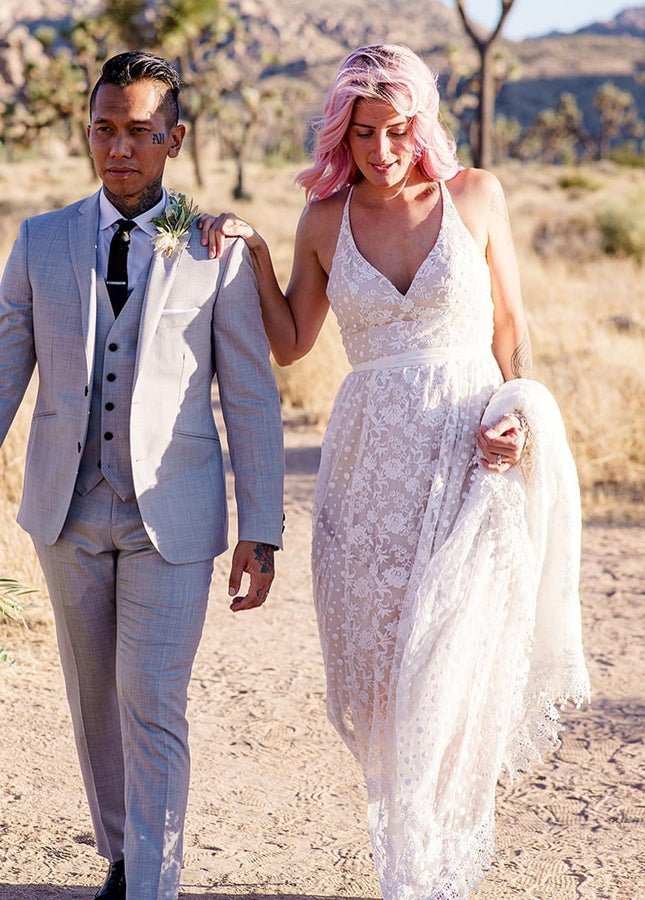 A Line Lace Wedding Dresses Nude Lining