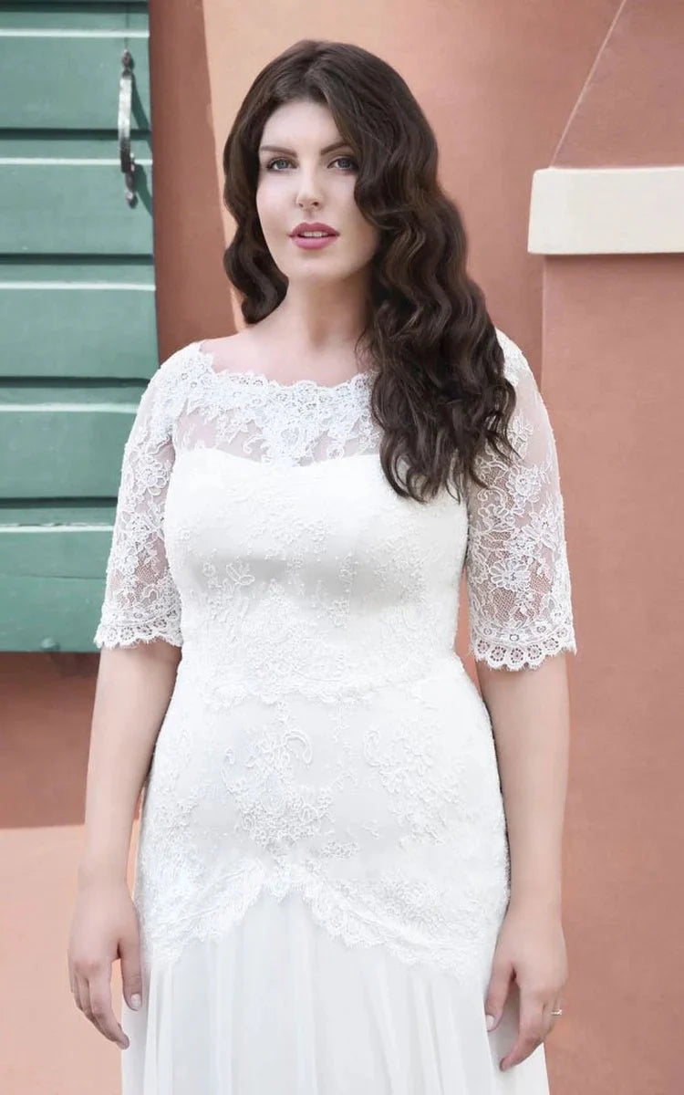 Simple Lace Appliques A-Line Half Sleeve Chiffon Wedding Bridal Gown