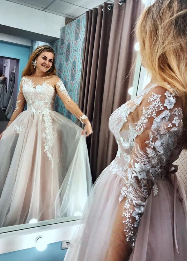 A Line Long Sleeves Blushing Pink Lining Wedding Dress With Lace Appliques