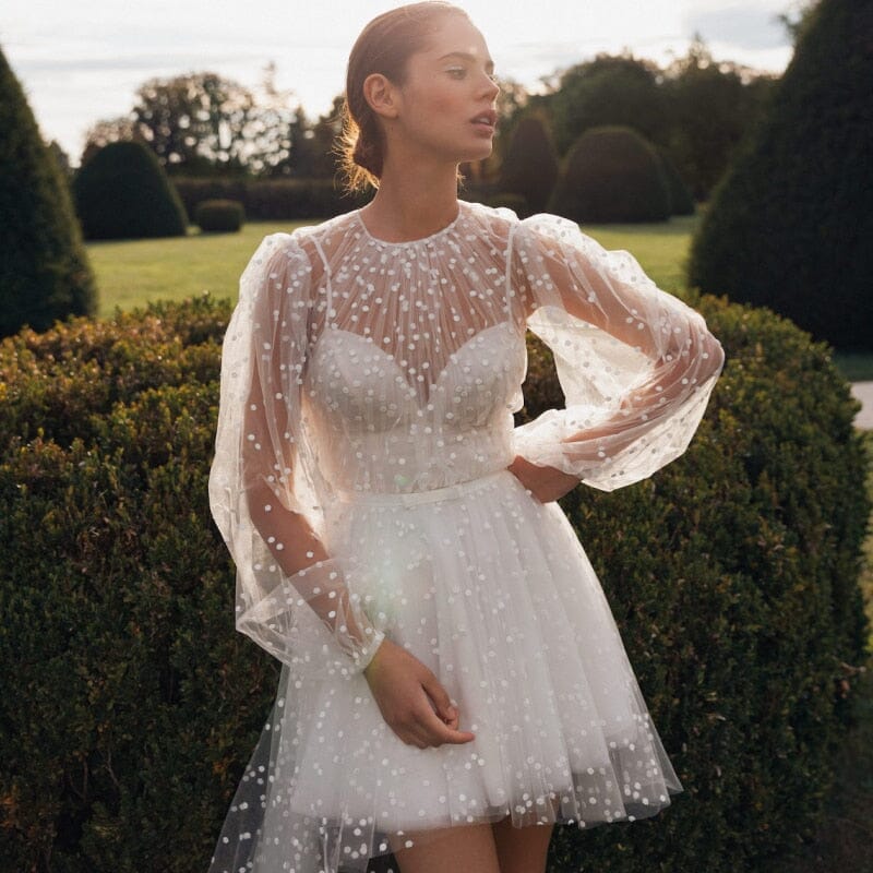 A-Line Polka Dot Illusion Charm Asymmetrical Wedding Dress