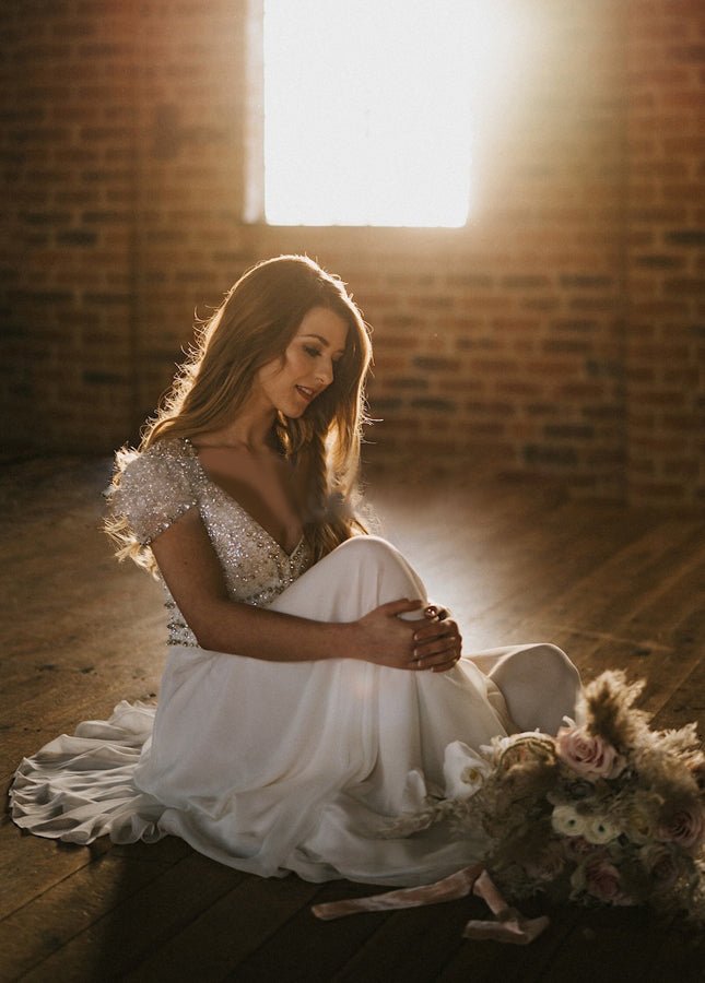 A Line Short Sleeves V Neck Wedding Dresses