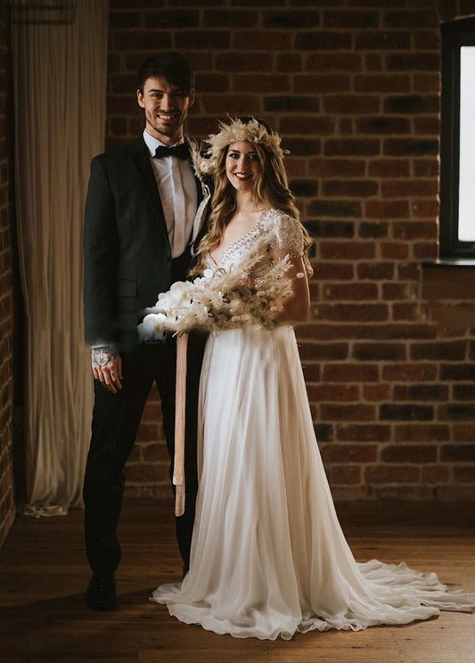 A Line Short Sleeves V Neck Wedding Dresses