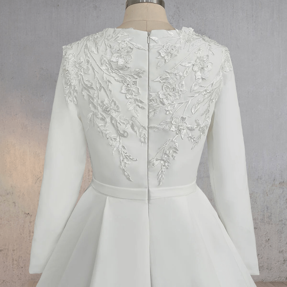 A Line White Long Sleeves Appliqued Wedding Dresses with Train