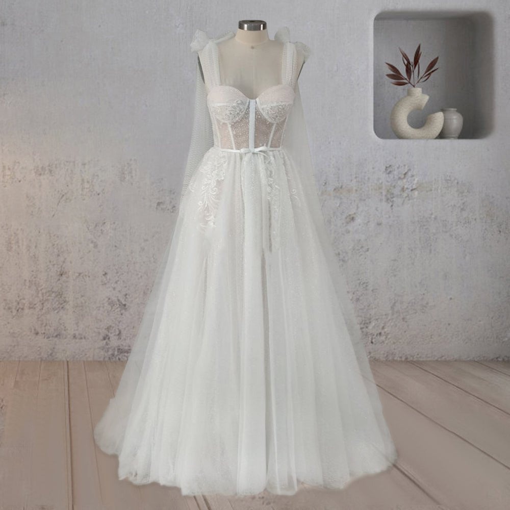 A-Line White Tulle Lace Flattering Wedding Dress With Slit
