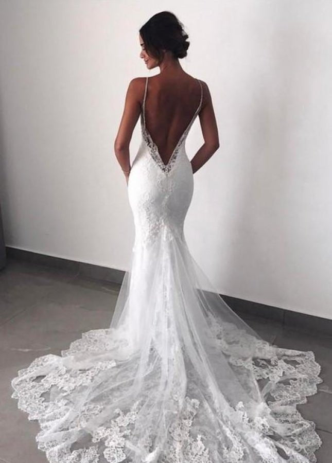 Spaghetti-Straps Backless Mermaid Lace Wedding Dresses with Appliques