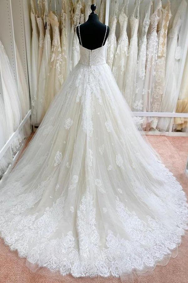 Ball Gown Tulle Lace Spaghetti Straps Appliqued Wedding Dresses