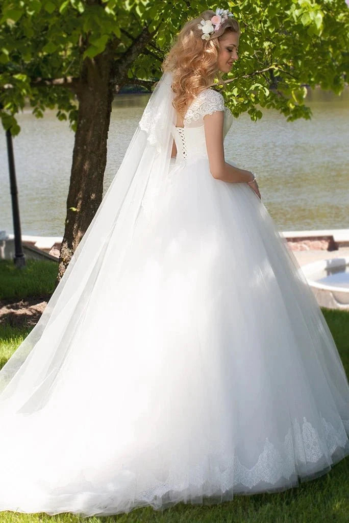 Ball Gown V-Neck Ruched Cap Sleeve Tulle Wedding Dress