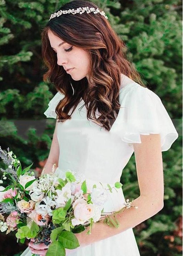 Beach Chiffon A-Line Simple White Wedding Dress with Short Sleeves