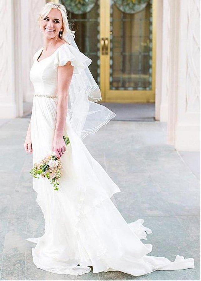 Beach Chiffon A-Line Simple White Wedding Dress with Short Sleeves