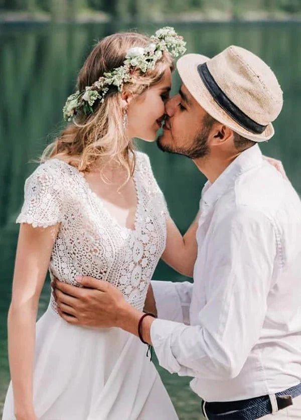 Bohemian Wedding Dresses Lace Short Sleeve Chiffon Bridal Gowns