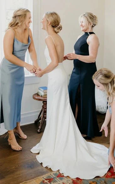 Sexy Plunging Neckline Mermaid Satin Wedding Dress With Sweep Train