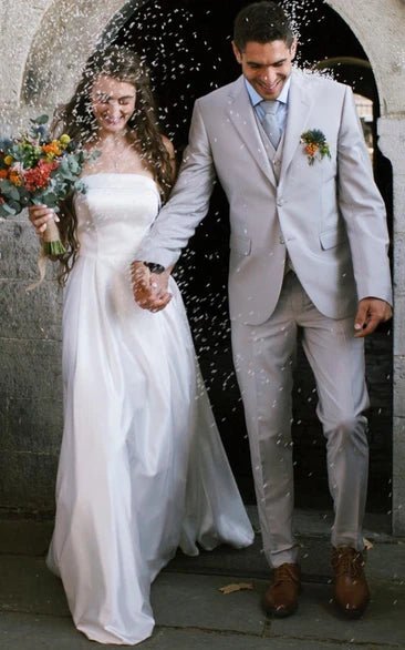 Casual A-Line Strapless Satin Garden Wedding Dress With Backless And Illusion Sleeves