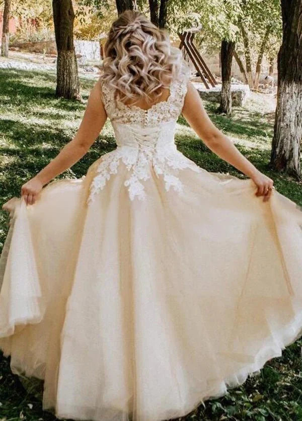 Champagne Corset Lace Appliques Tulle Wedding Dresses Floor Length Without Train