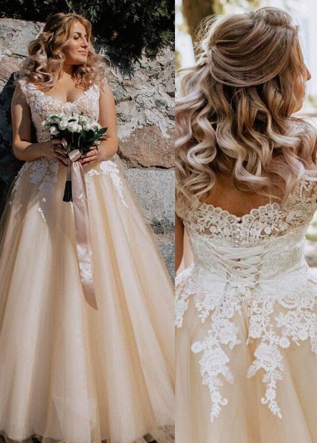 Champagne Corset Lace Appliques Tulle Wedding Dresses Floor Length Without Train