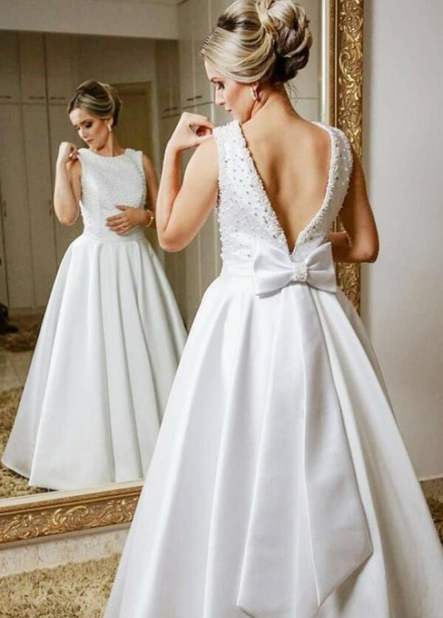 Chic Sleeveless Beaded  A-line Satin Backless Bride Dresses Wedding Bow Ribbon Sash