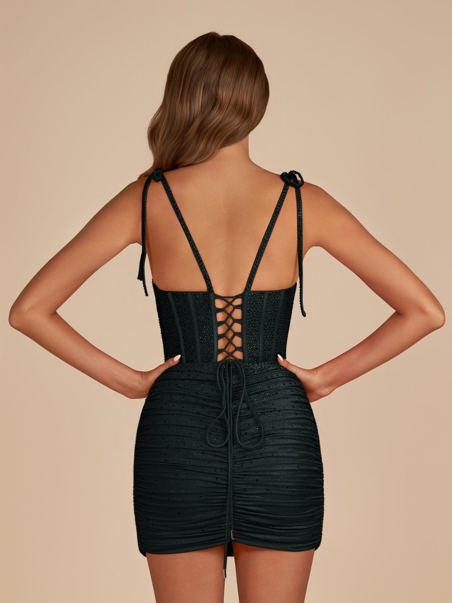 Claya | Black - Bodycon Scoop Neck Beaded Satin Corset Homecoming Dresses with Bow Straps