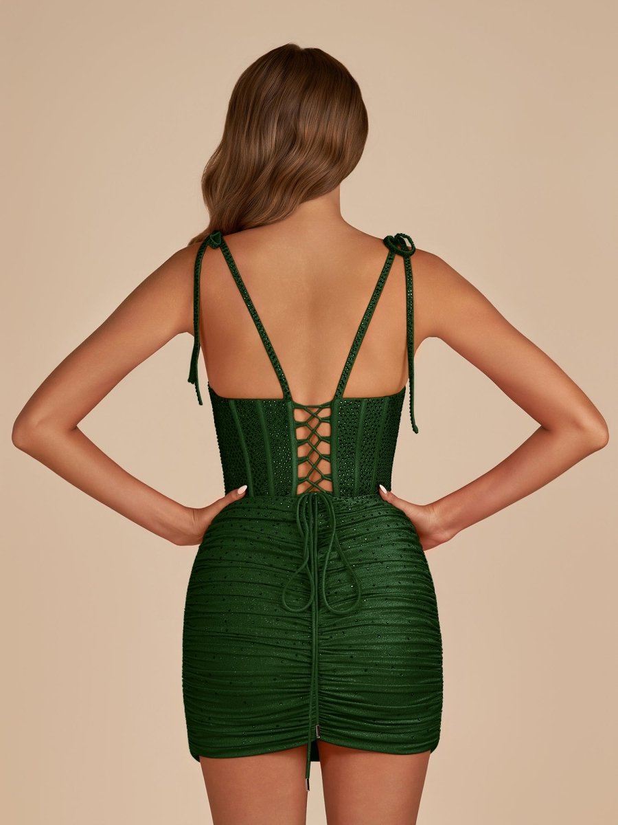 Claya | Dark Green - Bodycon Scoop Neck Beaded Satin Corset Homecoming Dresses with Bow Straps