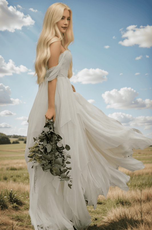 Lyanna | A-Line Sweetheart Off-the-shoulder Chiffon Floor Length Wedding Dress