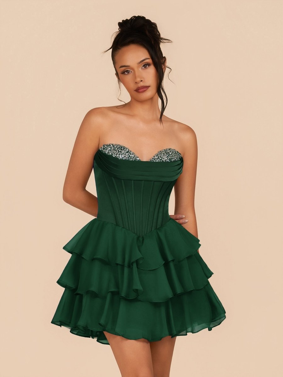 Elarae | Dark Green - Strapless A Line Ruffles Homecoming Dress With Beading