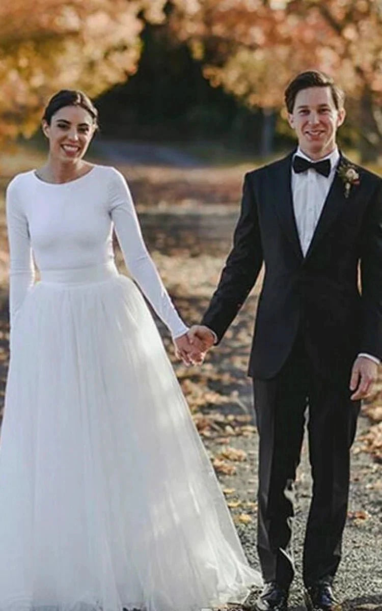 Elegant Long Sleeve Fitted Modest Jersey And Tulle Wedding Dress