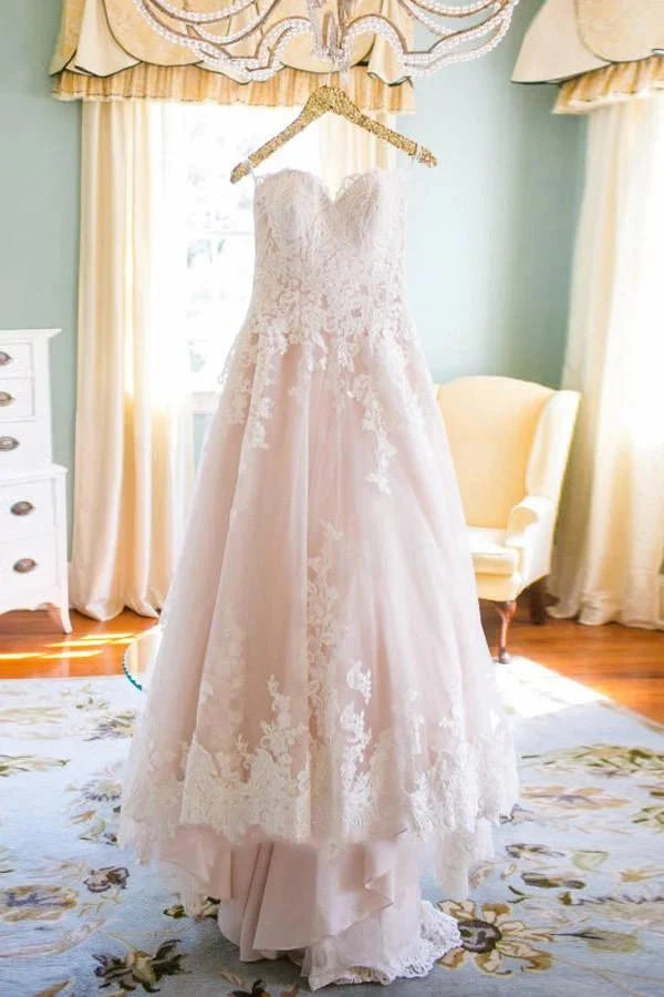 Elegant Vintage A-Line Boho Lace Pink Wedding Dress Unique Western Floral Blush Sweeheart Bridal Gown with Appliques