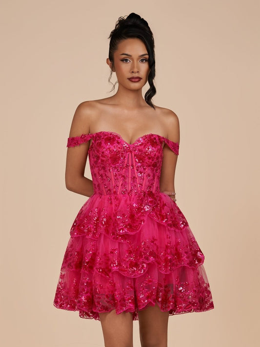 Everly | Fuchsia - A-Line Sweetheart Tiered Short Short Homecoming & Cocktail Dresses