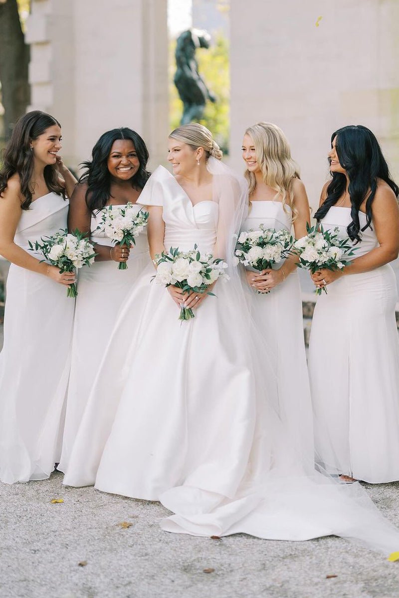 Elegant A-Line One Shoulder White Satin Wedding Dresses