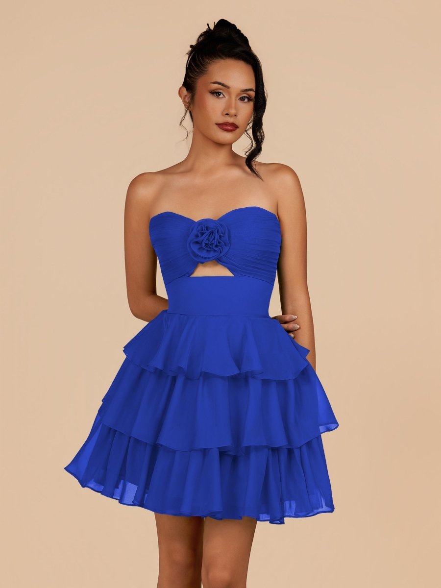 Fenara | Royal Blue - Strapless A Line Chiffon Ruffles Homecoming Dresses With Flower