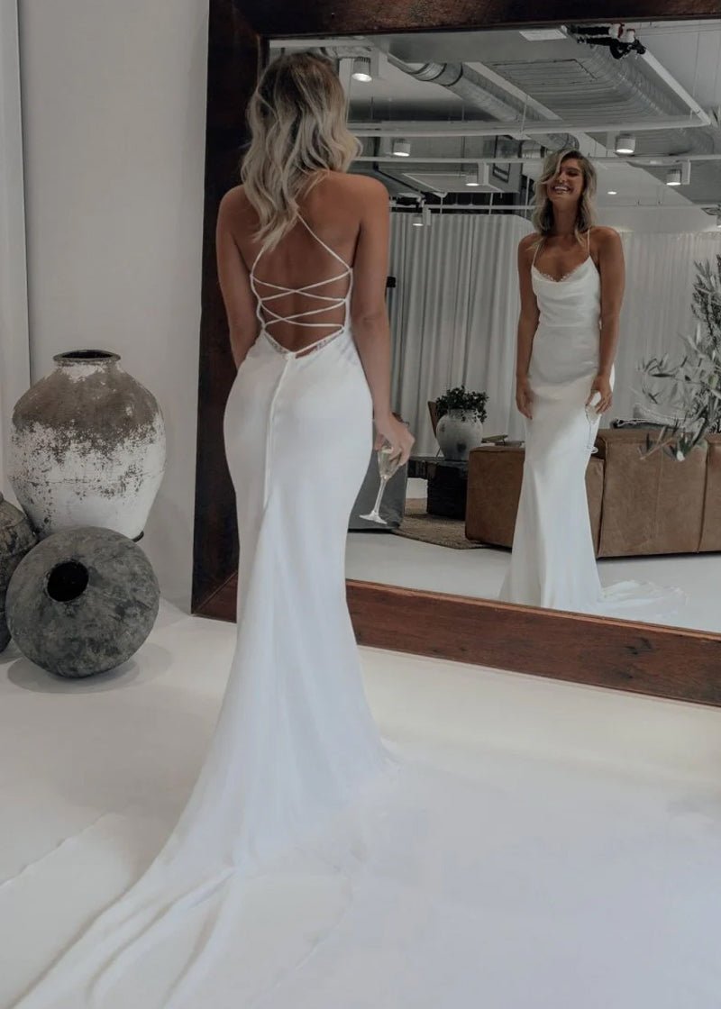 Cordelia | Mermaid Satin White Spaghetti-Straps Wedding Dresses With Lace-Up Back
