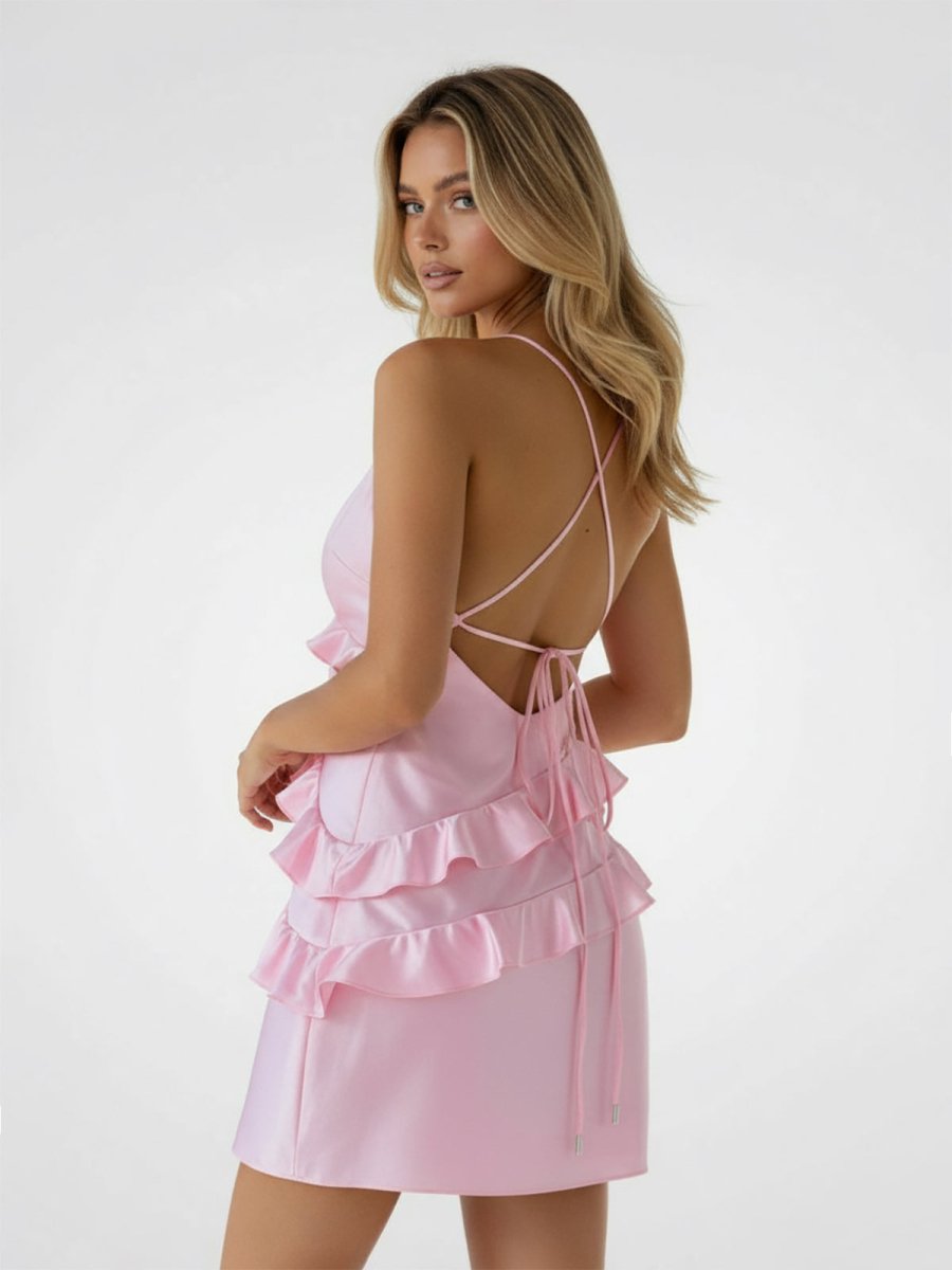 Gessa | Pink - Sheath V Neck Satin Homecoming Dresses with Ruffles