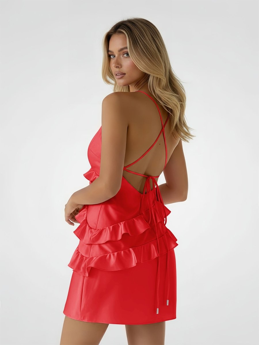 Gessa | Red - Sheath V Neck Satin Homecoming Dresses with Ruffles
